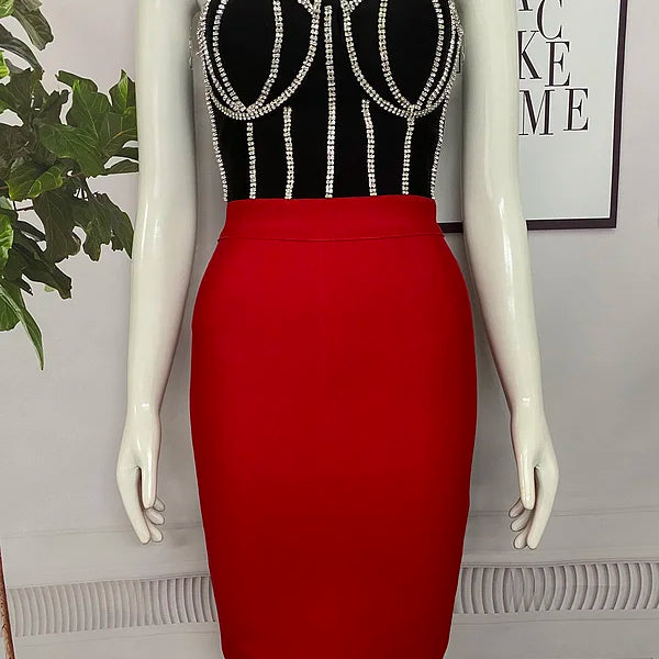 Red Black Ladies HL Bandage Dress Strapless Sexy 2 Pieces Bodycon Mini Dress Off the Shoulder Girls' Birthday Party Dress