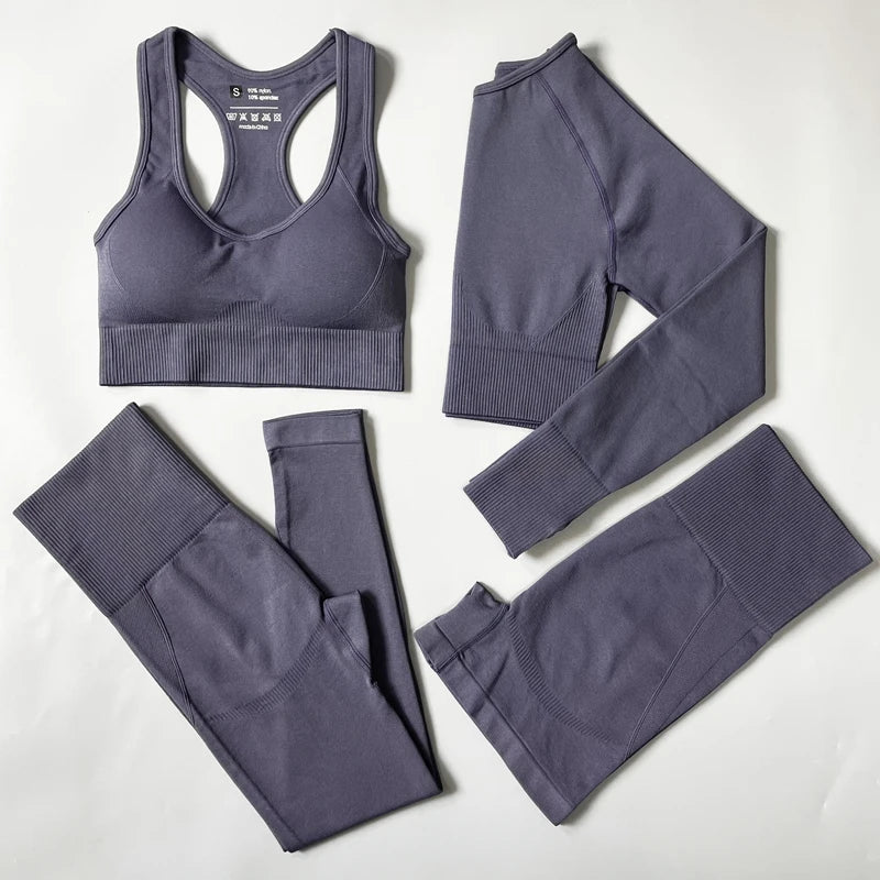 2/3/4PCS Seamless Women Yoga Set Workout Sportswear Gym Clothes Fitness Long Sleeve Crop Top High Waist Leggings Sports Suit 4pcs Set Gray