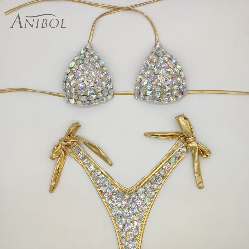 Rhinestone Triangle Bikini Sexy Push Up Women's Swimwear Crystal Diamond Halter Bandage Thong Biquine Swimsuit Gold
