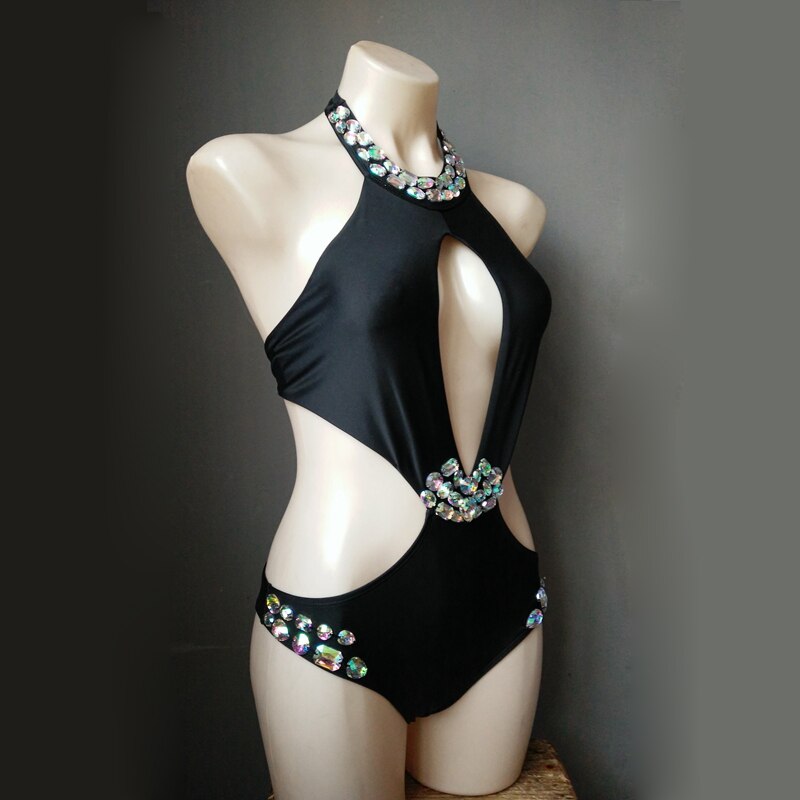 Sexy Backless Rhinestone Women Swimsuit Crystal Diamond One-Piece Swimwear Hollow Out Halter Bathing Suit Girls