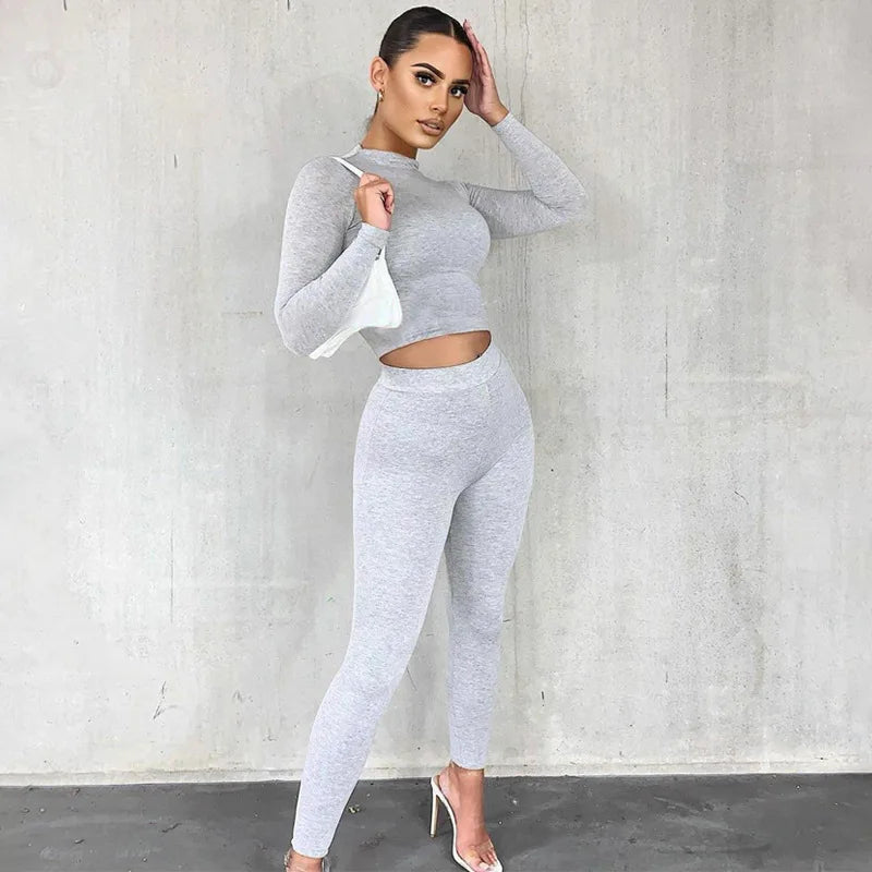 Women’s Summer Sport Suits Solid Long-Sleeves Short Top + High-Waist Skinny Pants Casual Outfits Female Sportswear Outerwear