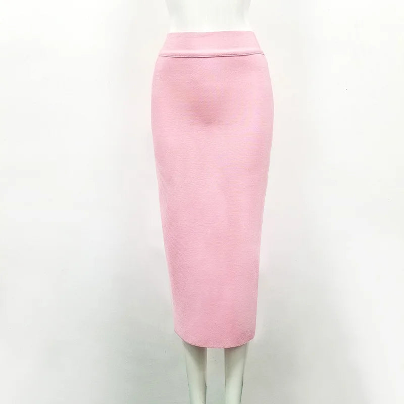 Women Candy Color Sexy Neon Green Brown Orange Yellow Knee Length Bandage Pencil Skirt 2020 Designer Skirt Faldas 78cm Pink