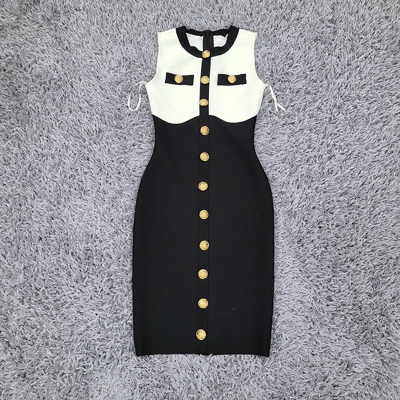2024 New Black White Button Beading Bodycon Two Pieces Rayon Bandage Dress Set Elegant Evening Party Set