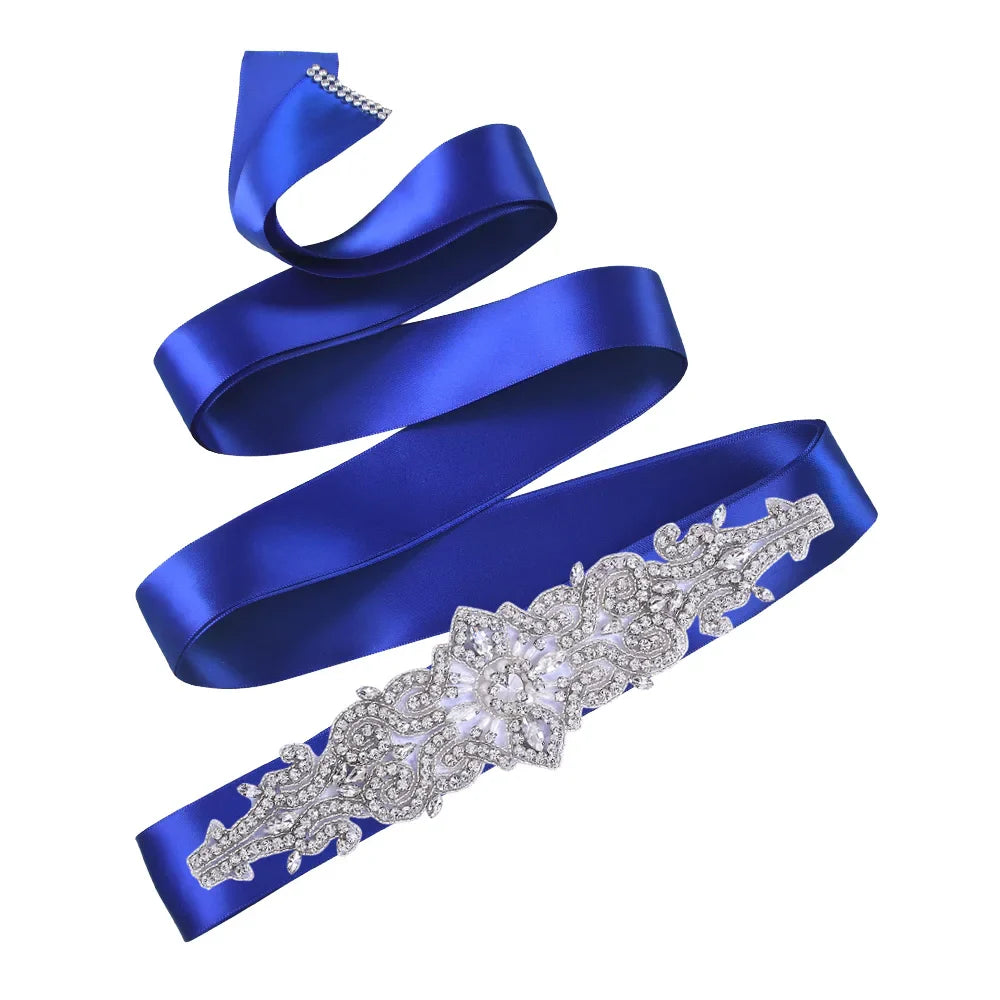 TOPQUEEN S26 Luxury Rhinestones Wedding Dresses Belt Women Crystal Applique Decoration Sparkly for Bride Waistband Bridal Sash Royal Blue ribbon