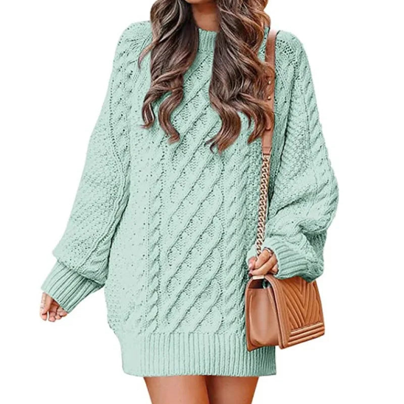 13 Colors Women Crewneck Long Sleeve Oversized Tops Cable Knit Chunky Pullove Thick Autumn and Winter Sweater Dresses Light green