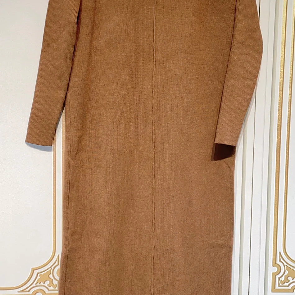 2024 Casual Midi Knit Dress Women's O-neck Long Sleeve Split Straight Dresses 2023 New Autumn Pure Color Knit Vestidos Brown