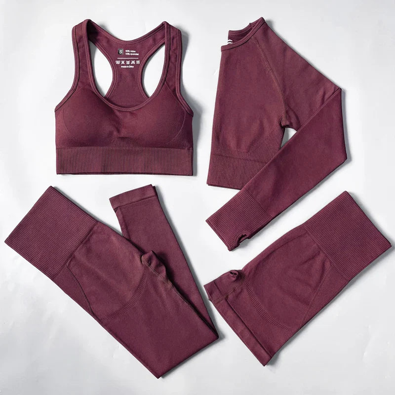 2/3/4PCS Seamless Women Yoga Set Workout Sportswear Gym Clothes Fitness Long Sleeve Crop Top High Waist Leggings Sports Suit 4pcs Set PurpleRed