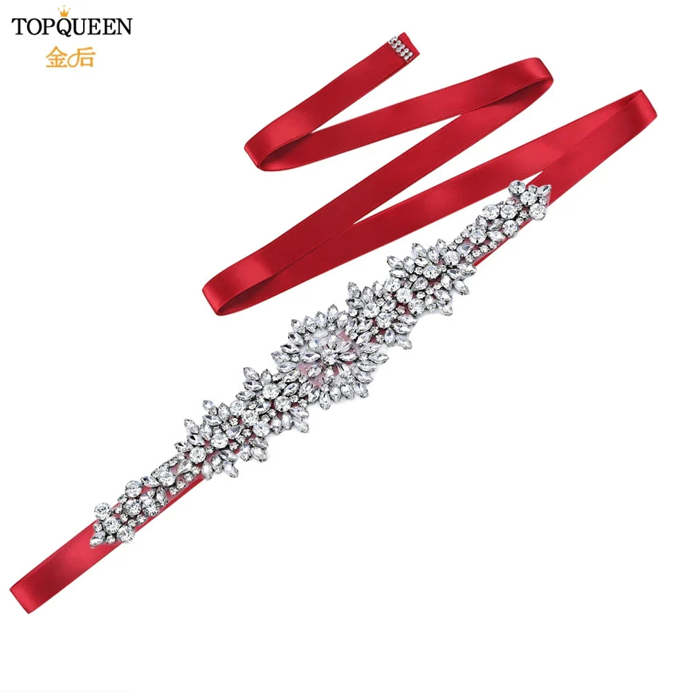 TOPQUEEN S319 Rhinestones Wedding Belt Sparkly Bride Dress Decorative Sash with Stone Jeweled Satin Ribbons Silver Gown Applique Wine red ribbon