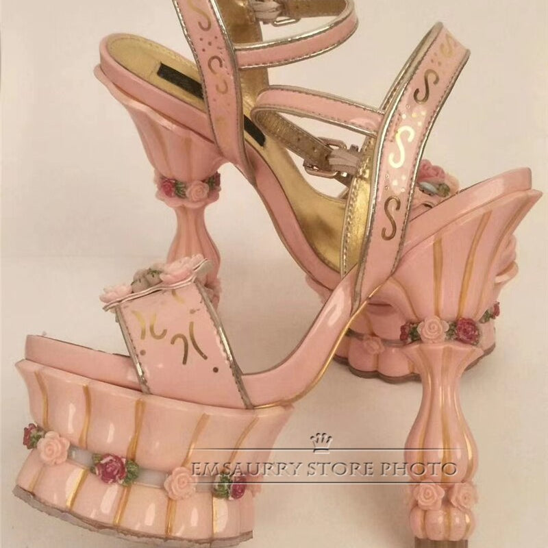 Print Flower High Platform Sandals Women Ankle Strap Sweet Pink Banquet Shoes Woman Rose Decor Strange Heel Summer Sandalias