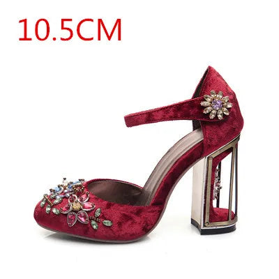 Autumn Crystal Flower Mary Janes Women Pumps Shoes Woman Sandals Strange High Heel Party Shoes Handmade Rhinestone Wedding Shoes Red 10.5cm heel