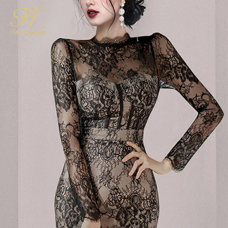 H Han Queen Autumn New See Through Lace Vestidos Korean Fashion Crochet Flowers Pencil Dress Elegant Simple Party Women Dresses