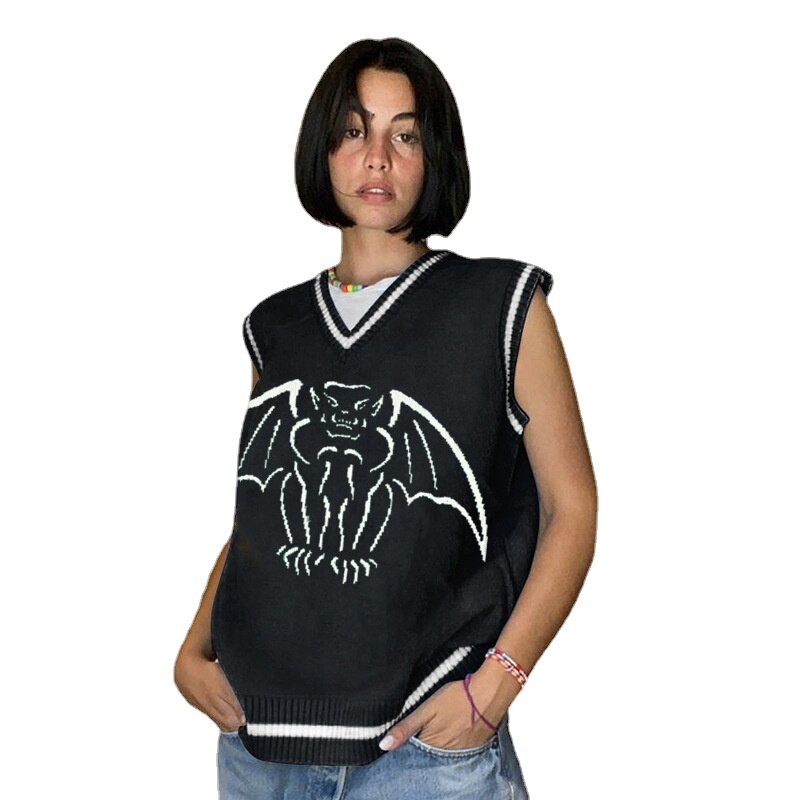 Y2K Oversized Sweater Pullover Ladies Casual Loose Printed Knitted Sweater Retro College Style Halloween Street Fall Winter 2021 20541 black