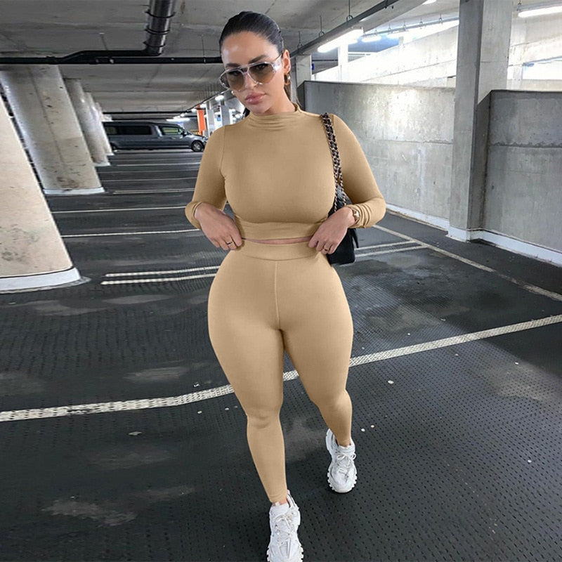 Two Piece Sets Women Solid Autumn Tracksuits High Waist Stretchy Sportswear Hot Crop Tops And Leggings Matching Outfits Champagne