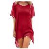 Summer Chiffon Tassels Beach Dress Swimwear Bikini Cover Up Female Mini Loose Solid Pareo Tops Swimsuit Red One Size