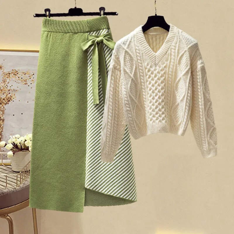 Women Autumn Winter Warm Knitted Two Pieces Sets Korean Long Sleeve Pullover Sweater Top And High Waist Skirts Sets Skirt Two Piece Set 15