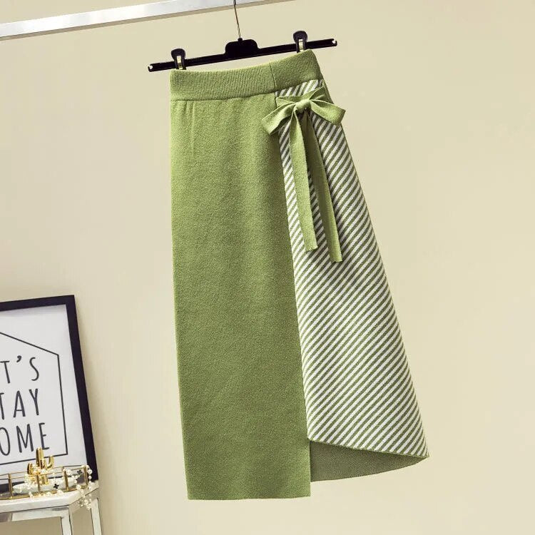 Women Autumn Winter Warm Knitted Two Pieces Sets Korean Long Sleeve Pullover Sweater Top And High Waist Skirts Sets Skirt One Piece