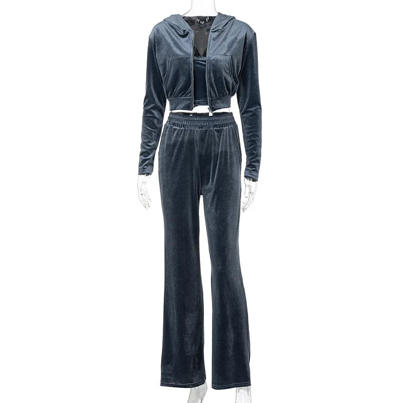 Dulzura Velvet Women 3 Piece Set Hoodie Sweatshirt Zipper Tube Crop Top High Waist Wide Leg Pants Tracksuit Sporty Casual Outfit Blue