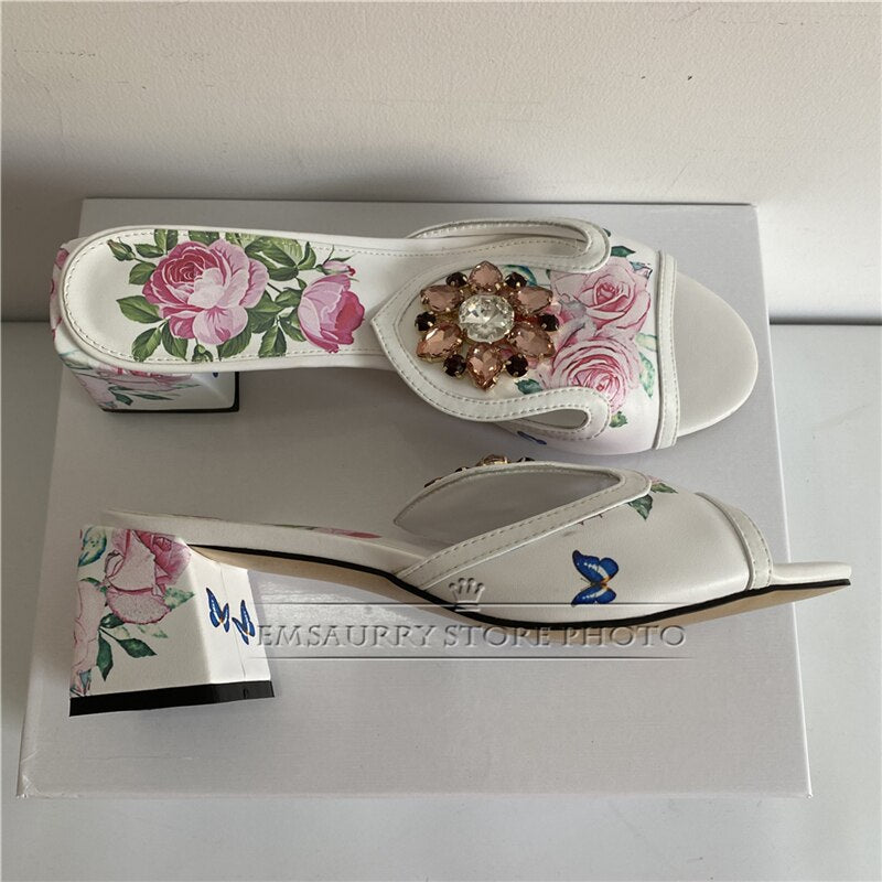 Print Butterfly-Flower Real Leather Sandals Women 10cm Square High Heel Open Toe Slingbacks Rhinestone Runway Mules