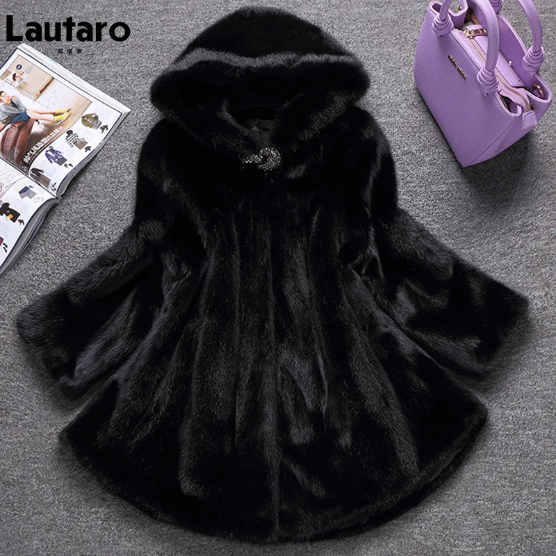 Winter Black Warm Thick Hairy Soft Faux Mink Fur Coat Women with Hood Elegant Luxury Fluffy Jacket 2022 4xl 5xl 6xl 7xl