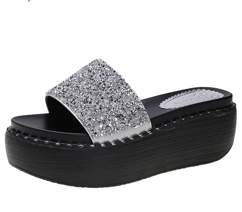 Platform Rhinestone Sandals Slippers Women Gemstone Slides Women Shoes Wedge Slippers String Bead Beach Slides Shoes
