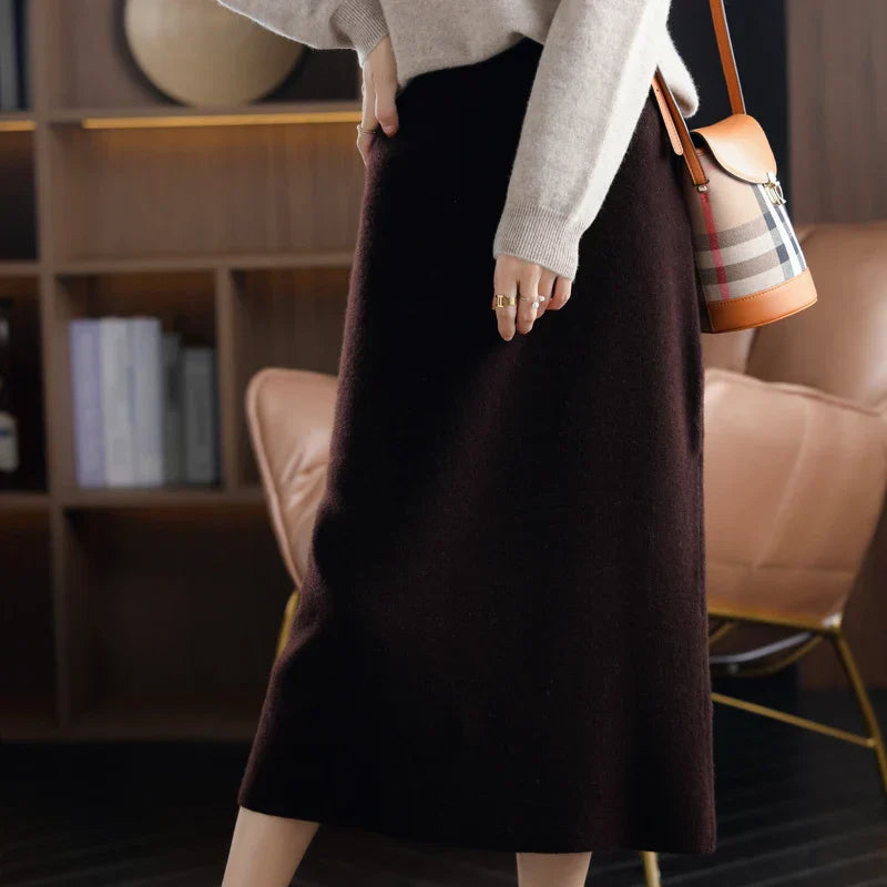 Autumn Winter New 100%Pure Wool Knit Long Skirt Women Casual Thick Korean High Waist Pack Hip Cashmere Wild A-Line Skirt Red coffee