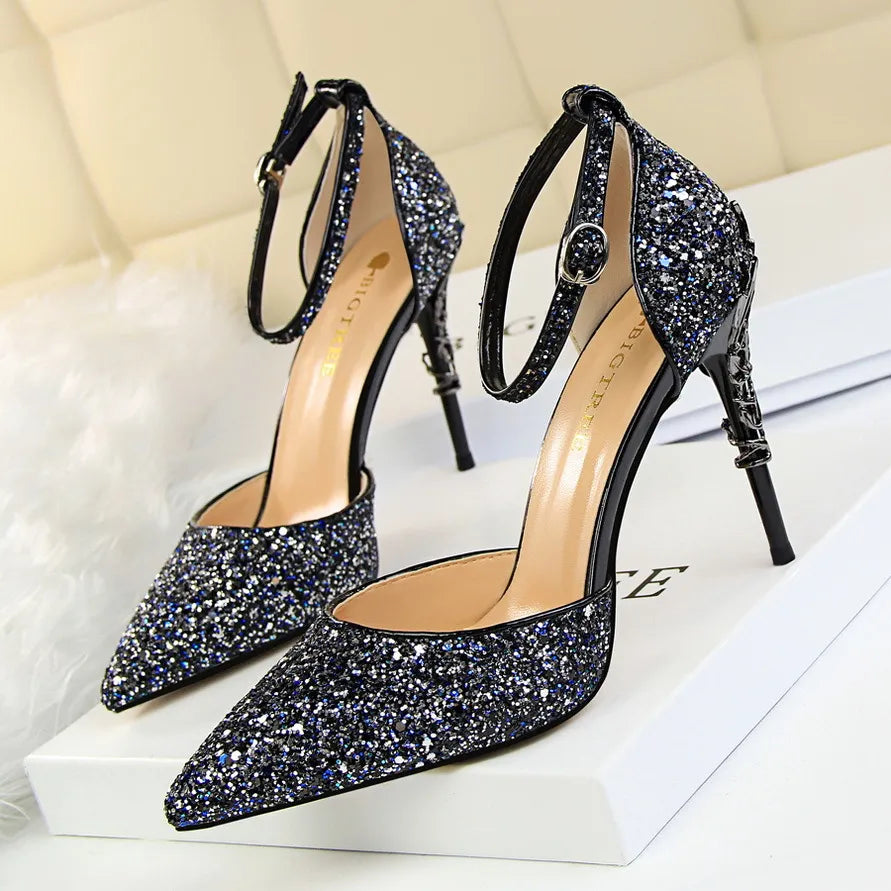 Shoes Heels 2024 New Woman Pumps Sequins High Heels Women Shoes Fashion Ladies Shoes Gold Sliver Stiletto Heels Sandals 238-A5-7.5cm-blue