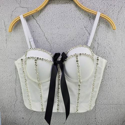 Women New Fashion Sexy Beaded Rhinestone Bow Mesh Camisole Wear Sleeveless Ropa De Mujer Short Bustier Corest Crop Tops S218 White