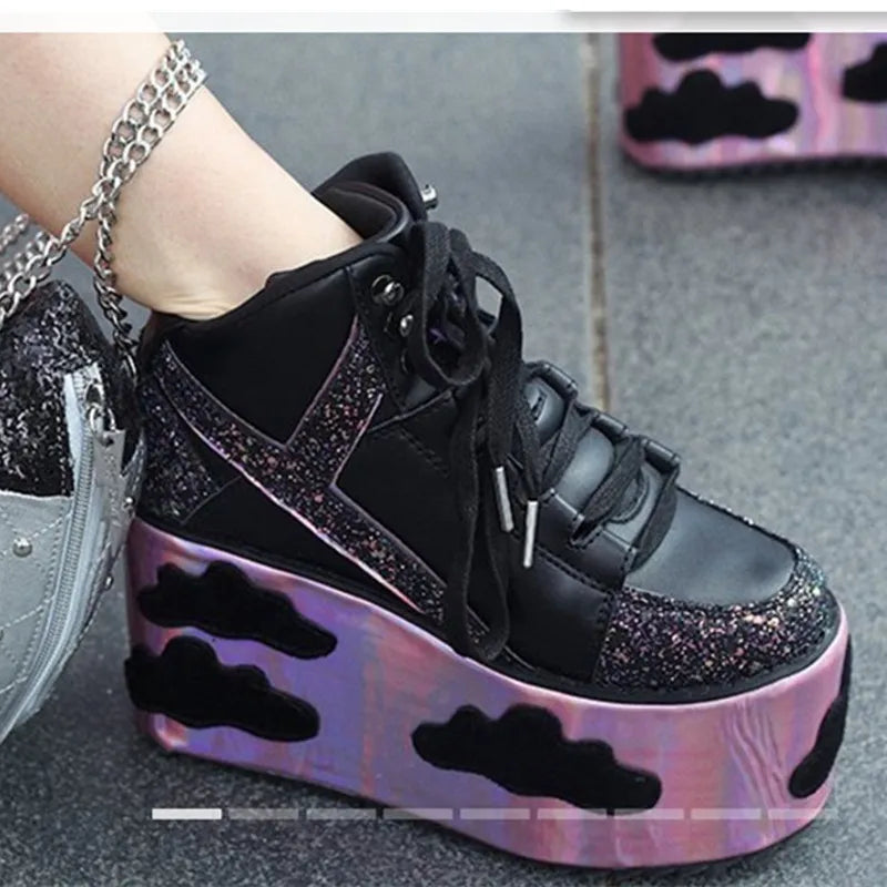 Colorful clouds Platform Shoes For Woman Punk Style Lace-up High Heel Wedges Shoes Sweet Women Ankle Boots For Mujer Shoes 2025