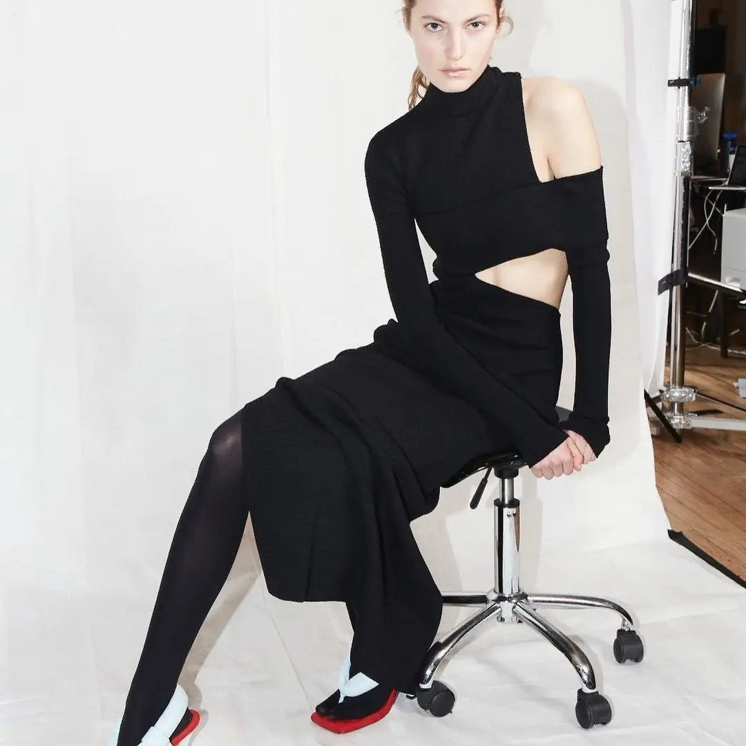 Women's New Slim Elegant Wrap Long Sleeve Hollow Out Sexy Casual High Split High Street Party Club Mid-Calf Dress