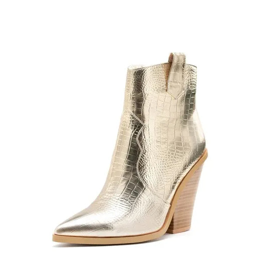 MStacchi Gold Snake Print Ankle Boots For Women Wedge High Heels Boots Woman Runway Design Chunky Heels Botas Mujer Western boot golden