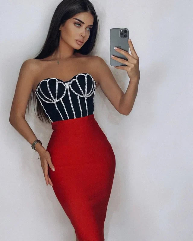 Red Black Ladies HL Bandage Dress Strapless Sexy 2 Pieces Bodycon Mini Dress Off the Shoulder Girls' Birthday Party Dress Red