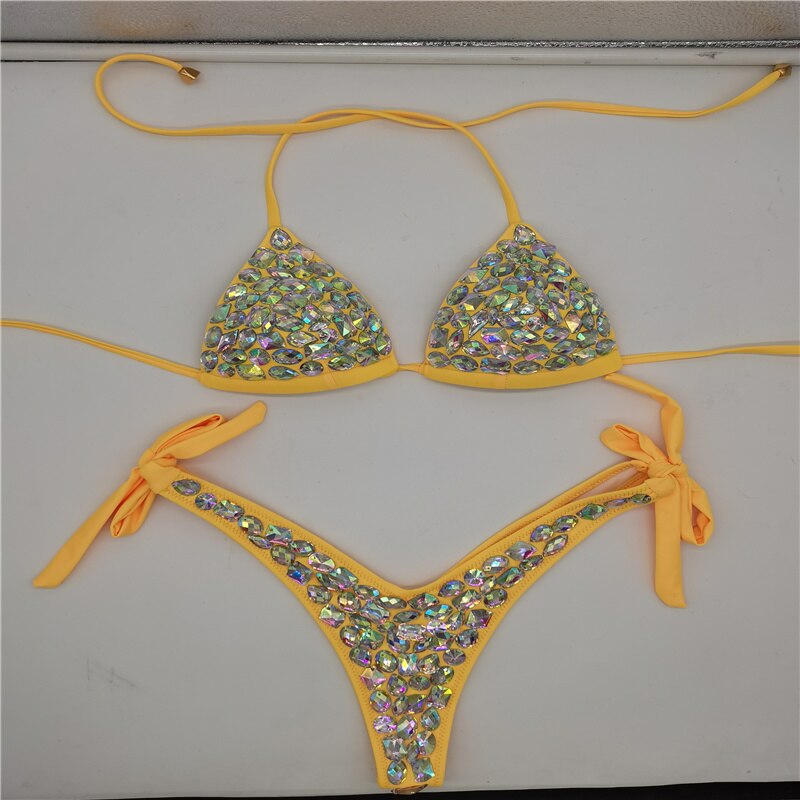 Rhinestone Triangle Bikini Sexy Push Up Women's Swimwear Crystal Diamond Halter Bandage Thong Biquine Swimsuit Yellow