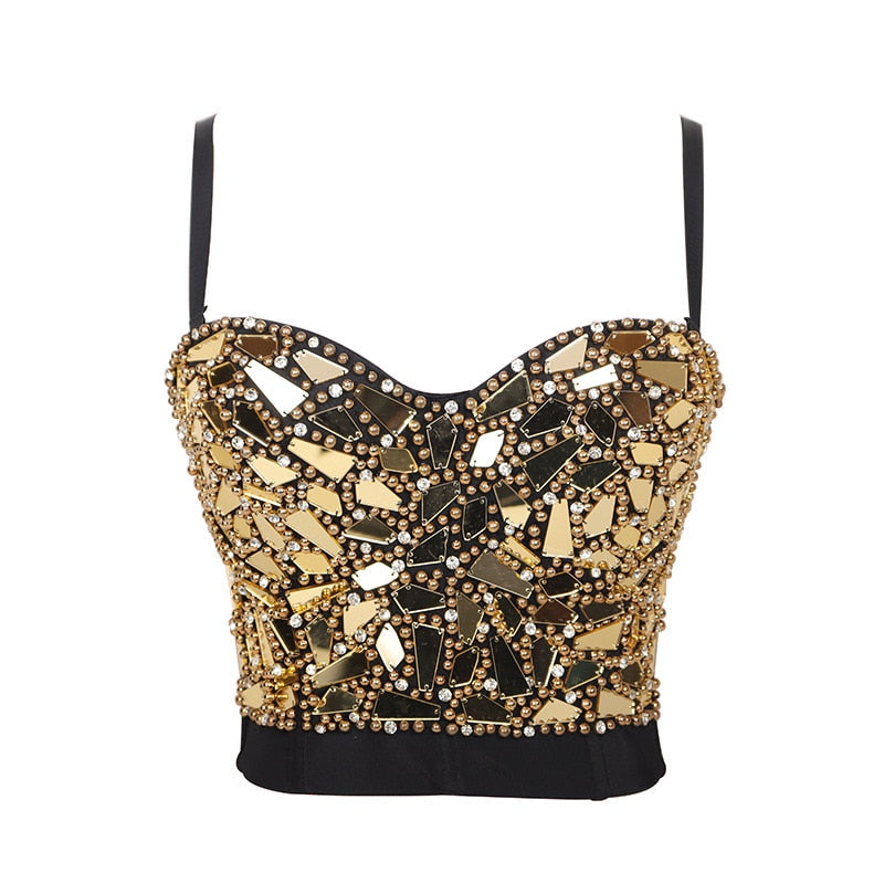 Sexy Beaded Diamond Sequins Women Camis Cropped Top Night Club Party Corset Crop Top To Wear Out Push Up Bustier Bra DB905 DB905 gold