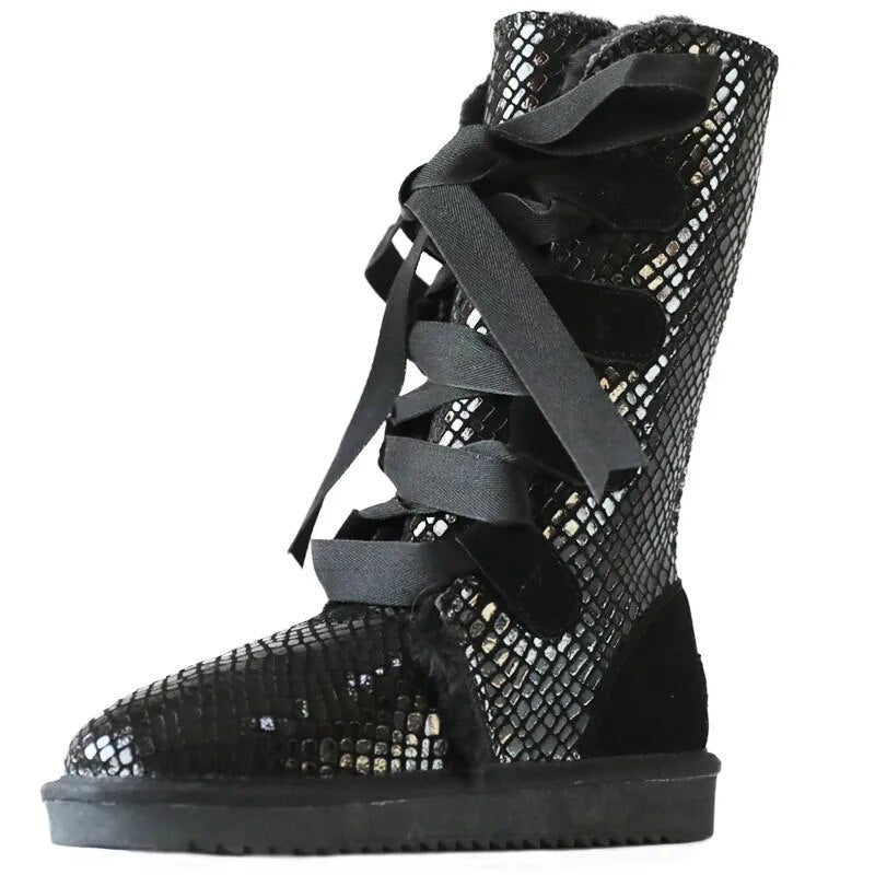 Waterproof High Boots Lace Up 2024 Woman Winter Snow Boots Women's Shoes Thick Plush Genuine Leather Winter Women's Snow Boots black 1