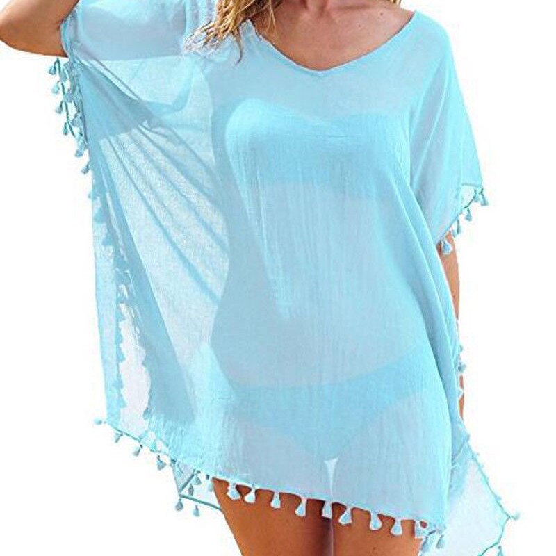 Summer Chiffon Tassels Beach Dress Swimwear Bikini Cover Up Female Mini Loose Solid Pareo Tops Swimsuit