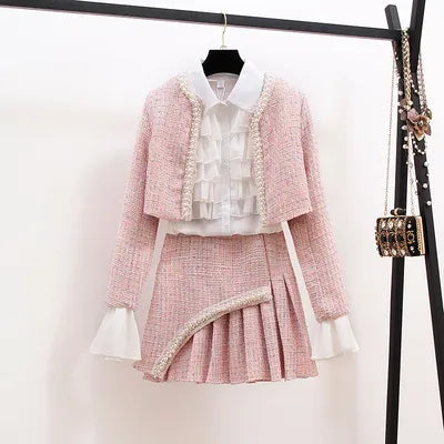 Women Autumn Winter 3 Piece Sets Lady Fashion Elegant Slim Coat Skirt Shirt Three-piece Suit Tweed Sets pink 3 Piece Set