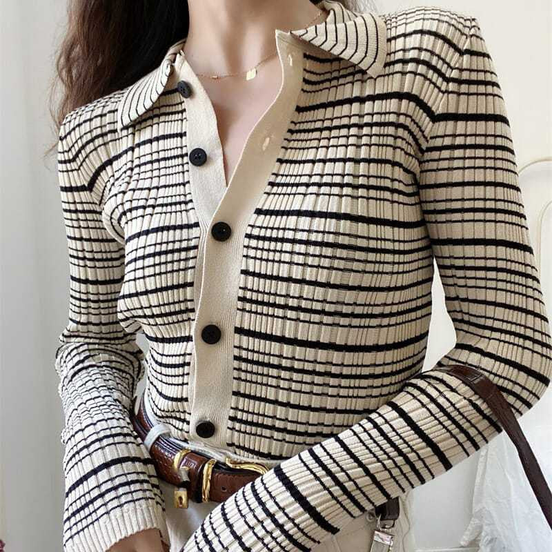 HELIAR Women Polo Collar Single Breasted Cardigan Sweater Striped Long Sleeve Jumpers Knit Office Sweater For Women Fall Winter APRICOT One Size