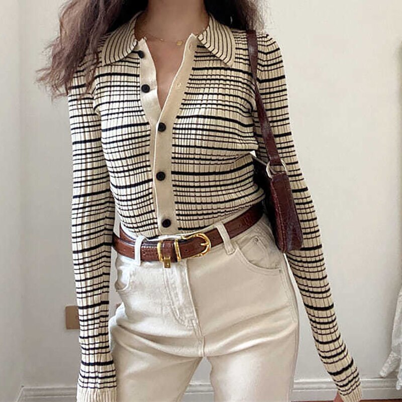 HELIAR Women Polo Collar Single Breasted Cardigan Sweater Striped Long Sleeve Jumpers Knit Office Sweater For Women Fall Winter