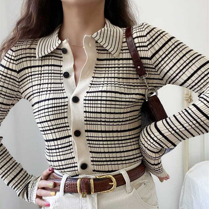 HELIAR Women Polo Collar Single Breasted Cardigan Sweater Striped Long Sleeve Jumpers Knit Office Sweater For Women Fall Winter