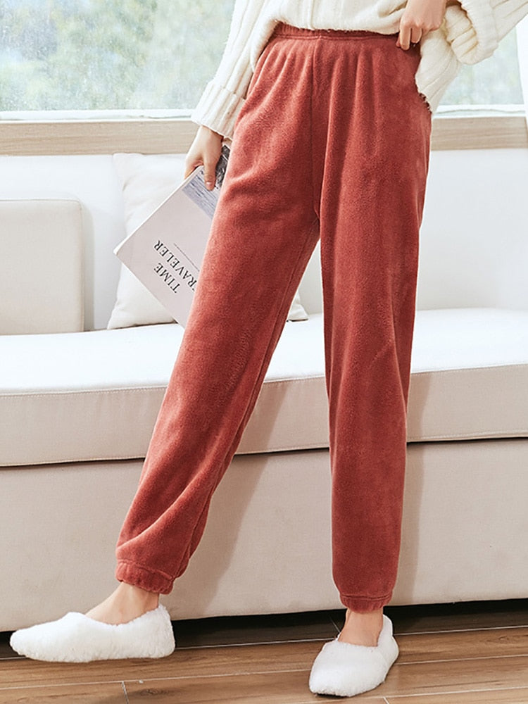 HELIAR Women Warm 2 Piece Sets Thicken Velvet Ribbed Fleece Set Pullover And Pants Casual Pajama Sets Women Autumn Winter 2024 WINE PANTS2 Fit For 40-75KG
