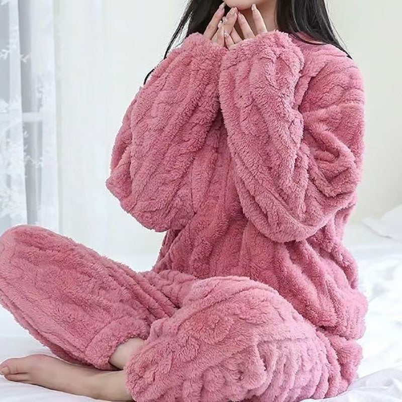 HELIAR Women Warm 2 Piece Sets Thicken Velvet Ribbed Fleece Set Pullover And Pants Casual Pajama Sets Women Autumn Winter 2024 PINK SET Fit For 40-75KG