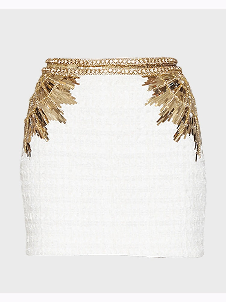 HIGH STREET Newest 2024 Designer Fashion Women's Stunning Metallic Diamonds Strass Handwork Beaded Tweed Mini Skirt