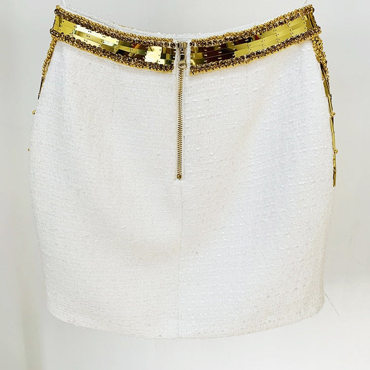 HIGH STREET Newest 2024 Designer Fashion Women's Stunning Metallic Diamonds Strass Handwork Beaded Tweed Mini Skirt