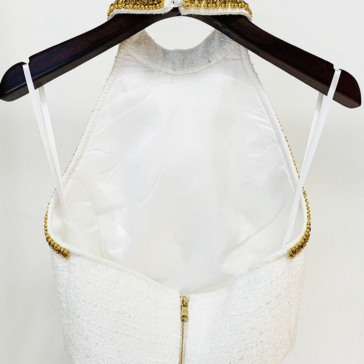 HIGH STREET Newest Fashion 2024 Designer Tops Women's Stunning Metallic Diamonds Beaded Halter Neck Tweed Camis Tank Tops
