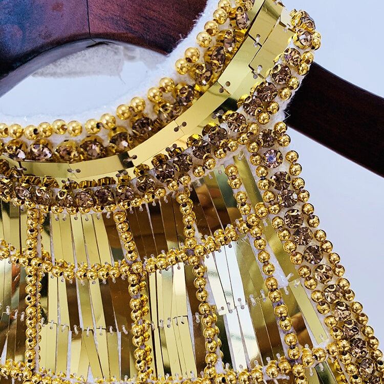 HIGH STREET Newest Fashion 2024 Designer Tops Women's Stunning Metallic Diamonds Beaded Halter Neck Tweed Camis Tank Tops