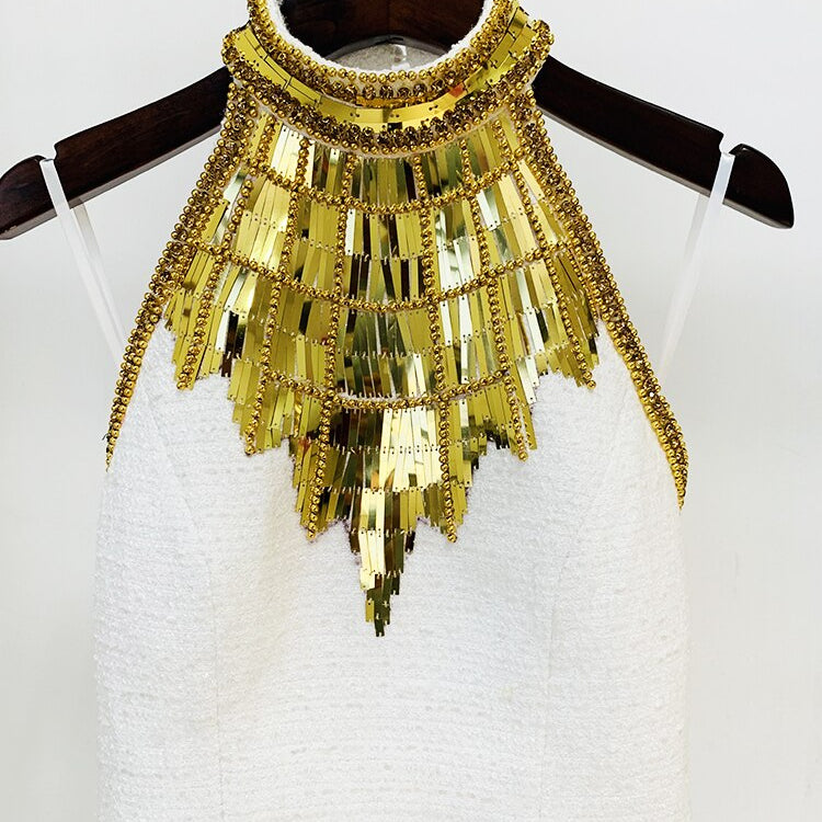 HIGH STREET Newest Fashion 2024 Designer Tops Women's Stunning Metallic Diamonds Beaded Halter Neck Tweed Camis Tank Tops