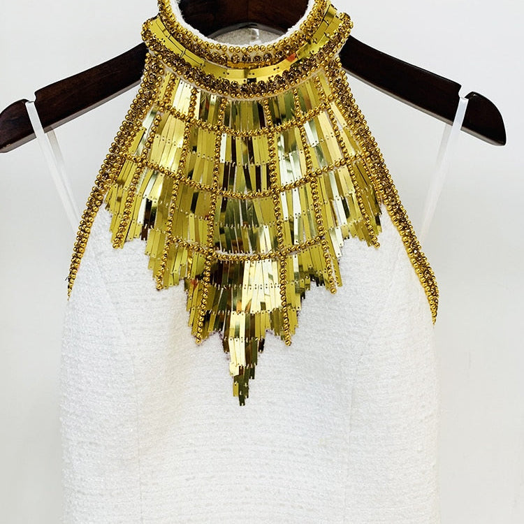 HIGH STREET Newest Fashion 2024 Designer Tops Women's Stunning Metallic Diamonds Beaded Halter Neck Tweed Camis Tank Tops White