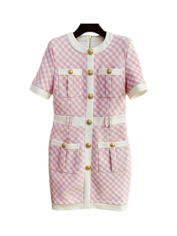 HIGH STREET Newest Fashion Fall Winter Designer Women's Short Sleeve Lion Buttons Color Block Plaid Tweed Dress Pink