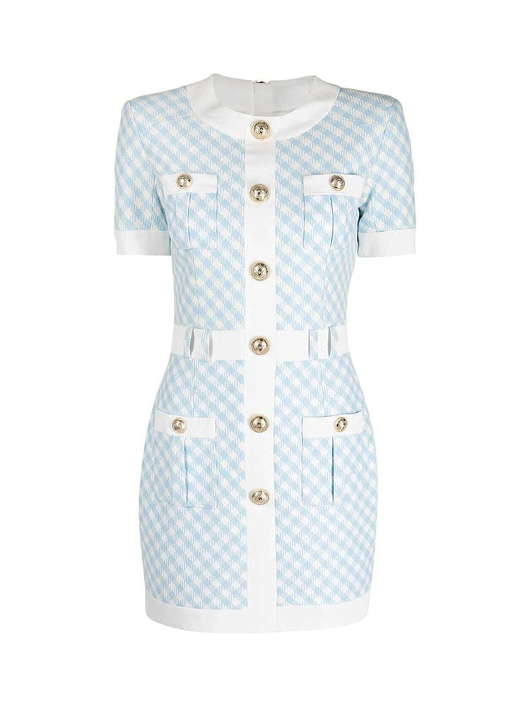 HIGH STREET Newest Fashion Fall Winter Designer Women's Short Sleeve Lion Buttons Color Block Plaid Tweed Dress Sky Blue