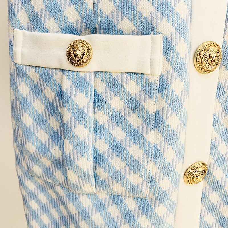 HIGH STREET Newest Fashion Fall Winter Designer Women's Short Sleeve Lion Buttons Color Block Plaid Tweed Dress